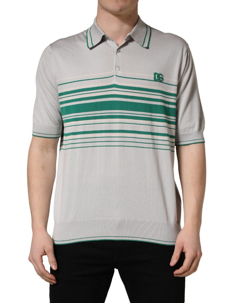 Camiseta polo de seda listrada cinza e verde com logo Dolce & Gabbana