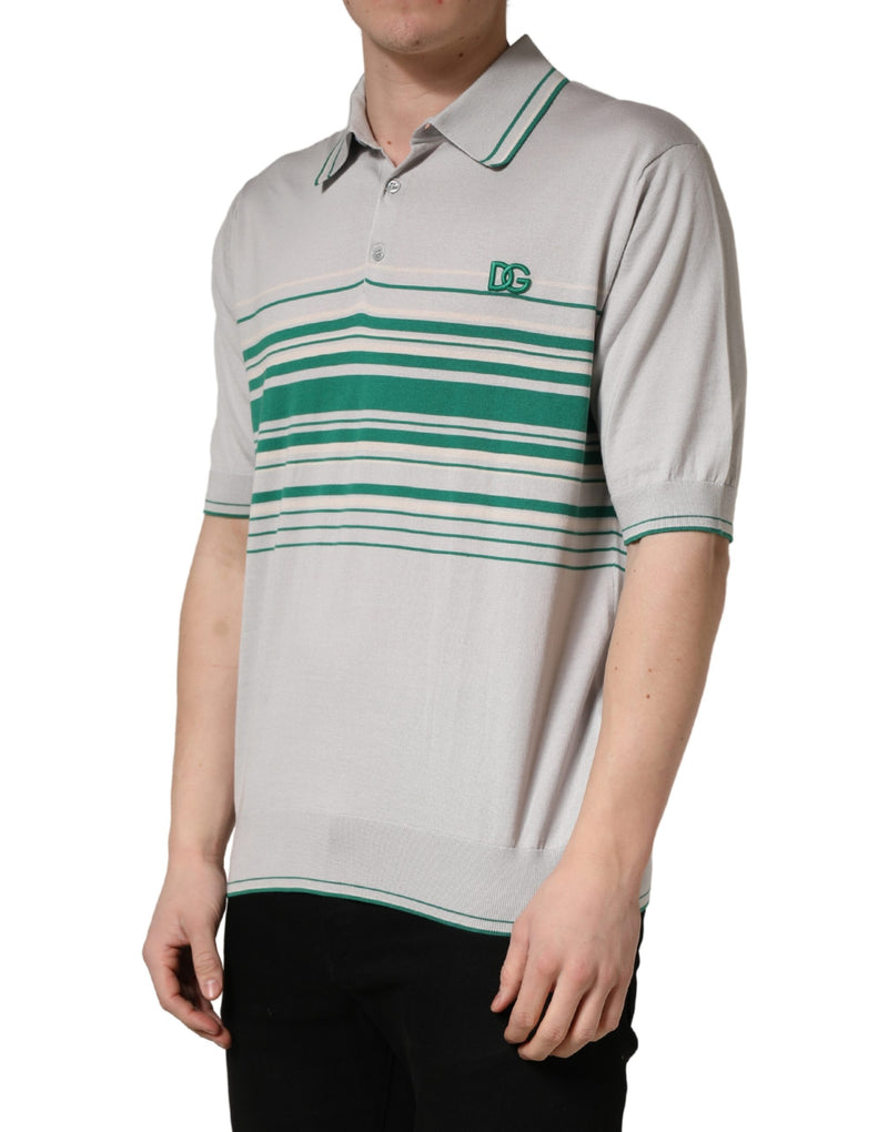 Camiseta polo de seda listrada cinza e verde com logo Dolce & Gabbana
