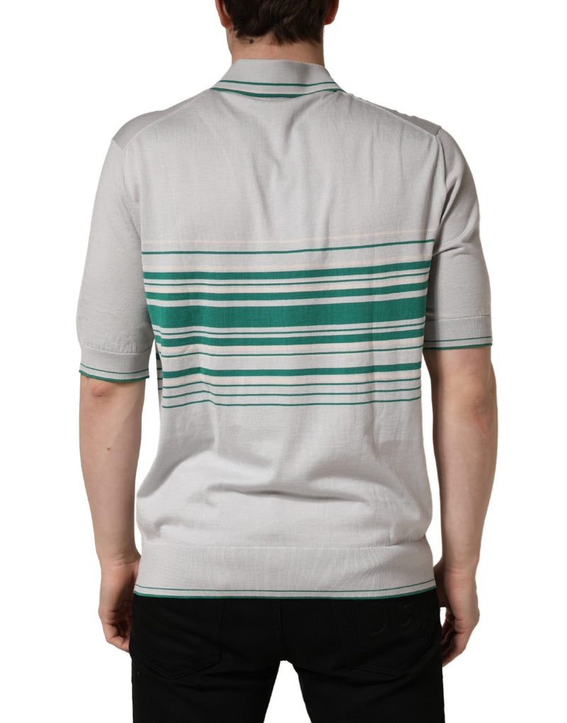 Camiseta polo de seda listrada cinza e verde com logo Dolce & Gabbana