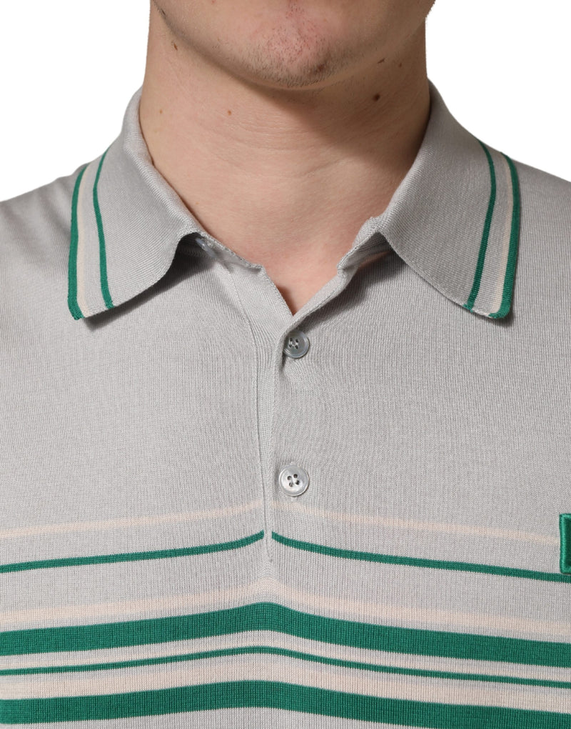 Camiseta polo de seda listrada cinza e verde com logo Dolce & Gabbana