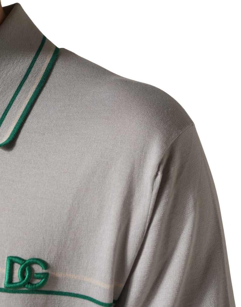 Camiseta polo de seda listrada cinza e verde com logo Dolce & Gabbana