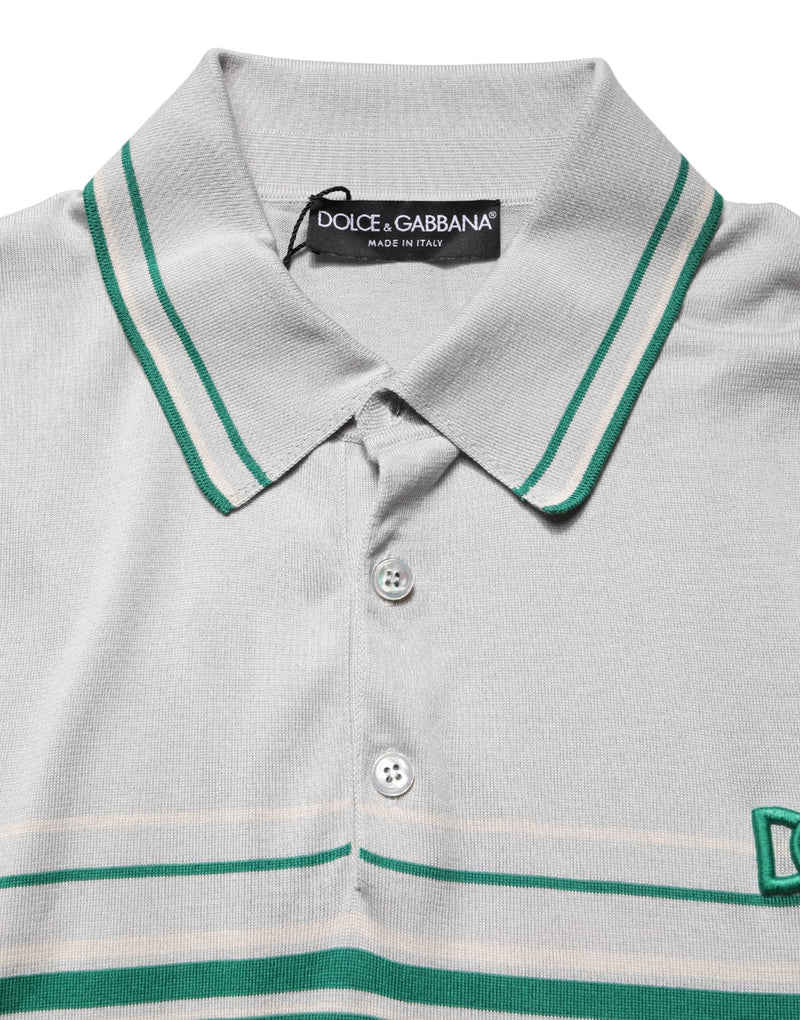 Camiseta polo de seda listrada cinza e verde com logo Dolce & Gabbana