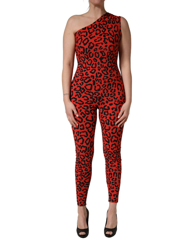 Tuta in nylon nera e rossa con motivo leopardato Dolce & Gabbana