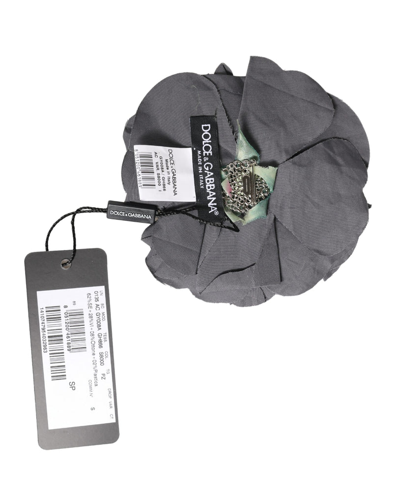 Broche barrette en popeline de coton mélangé et soie à motif floral gris Dolce & Gabbana