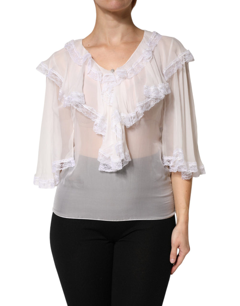 Blusa blanca de manga larga con ribete de encaje y volantes de Dolce & Gabbana