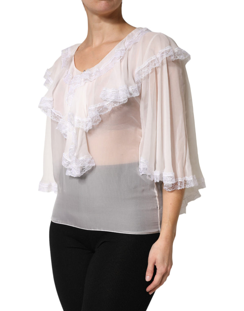 Blusa blanca de manga larga con ribete de encaje y volantes de Dolce & Gabbana