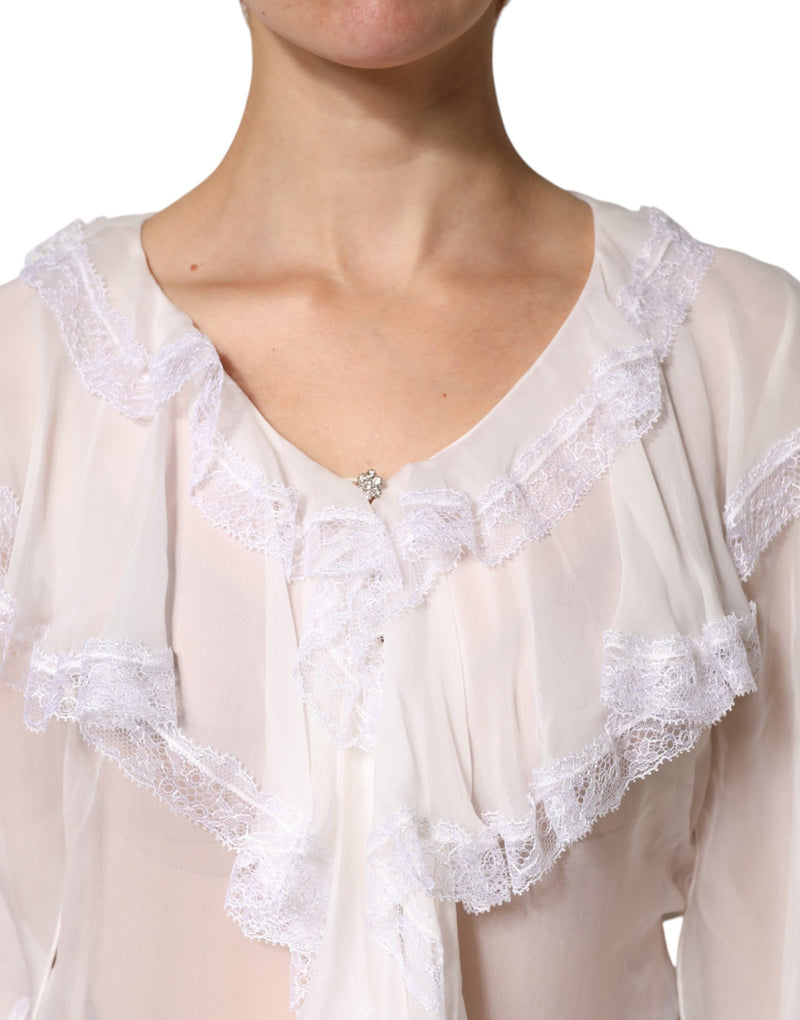 Blusa blanca de manga larga con ribete de encaje y volantes de Dolce & Gabbana