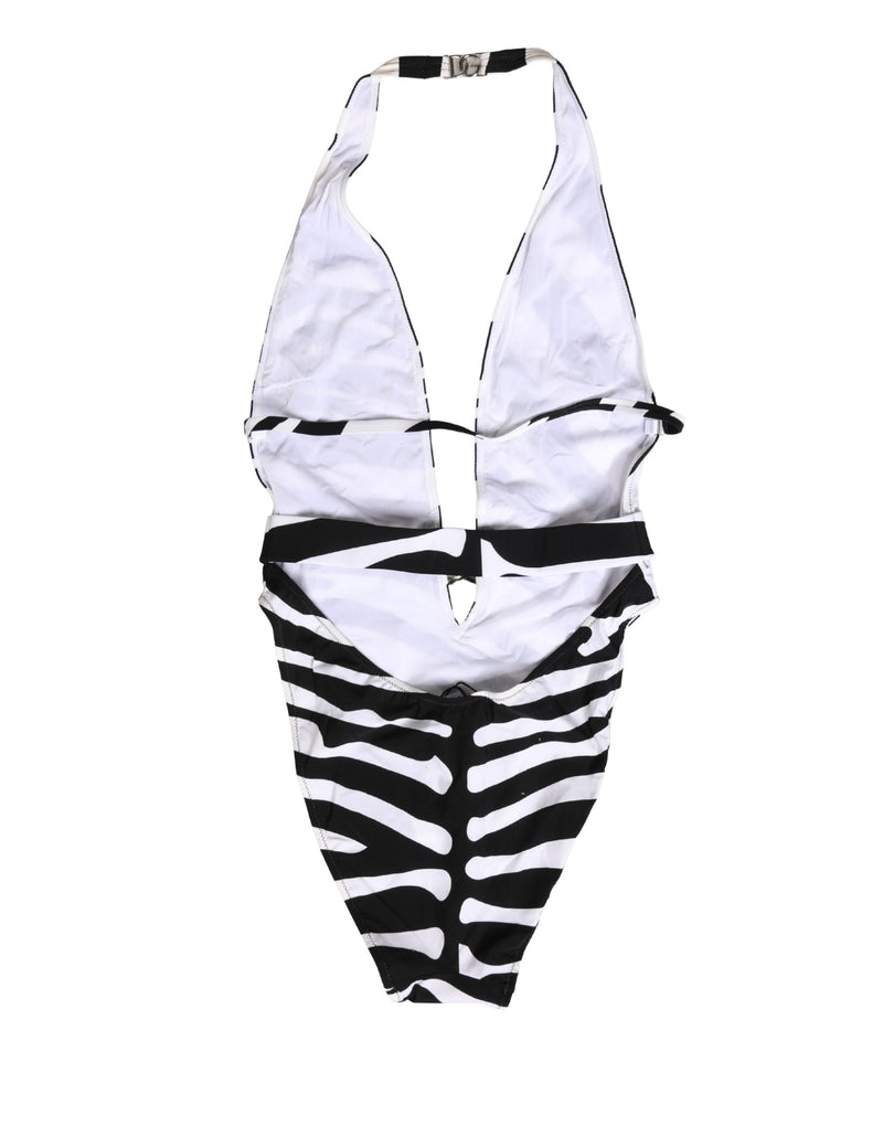 Costume intero nero e bianco con stampa zebrata e scollo a V profondo Dolce & Gabbana