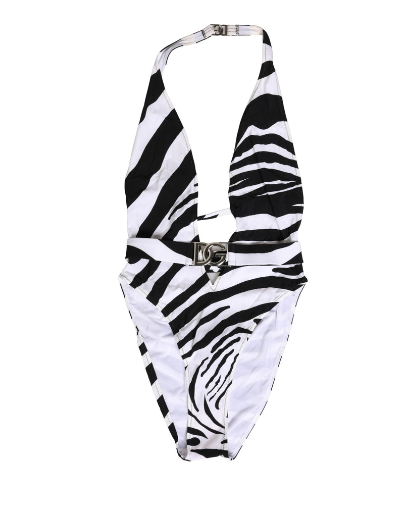Costume intero nero e bianco con stampa zebrata e scollo a V profondo Dolce & Gabbana