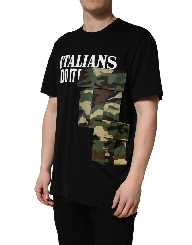 Camiseta negra de algodón con estampado de camuflaje y cuello redondo de Dolce & Gabbana