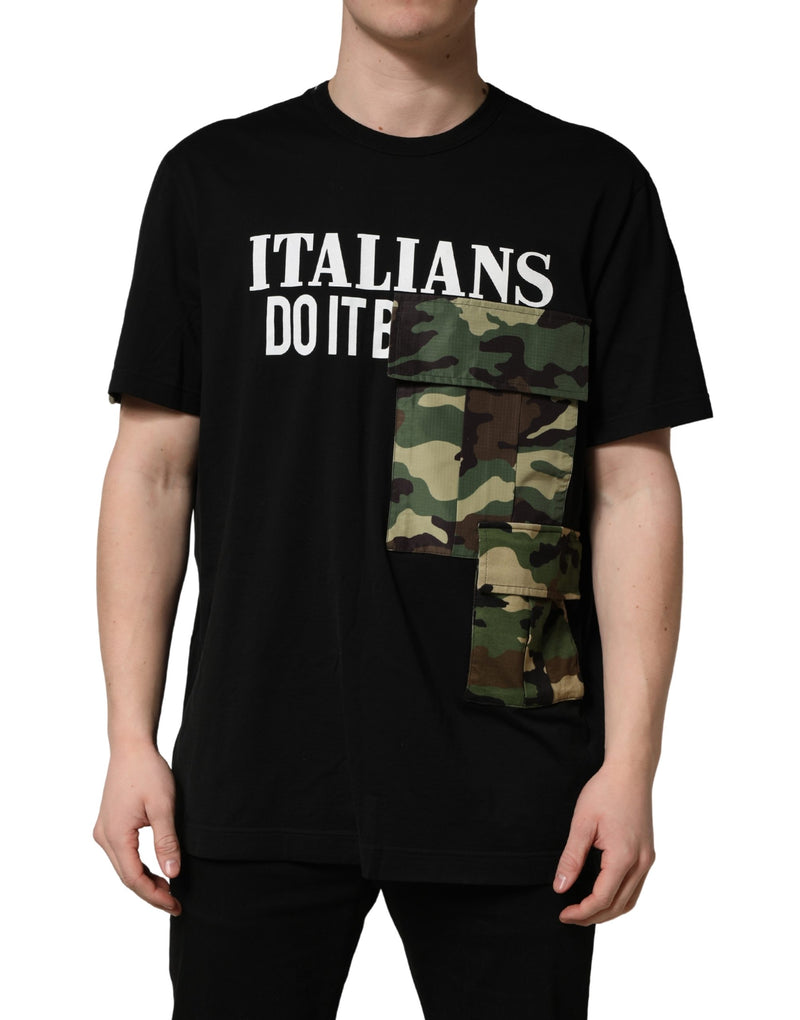 Camiseta negra de algodón con estampado de camuflaje y cuello redondo de Dolce & Gabbana