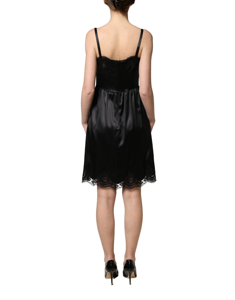 Minivestido sin mangas de satén de seda negro con encaje de Dolce & Gabbana