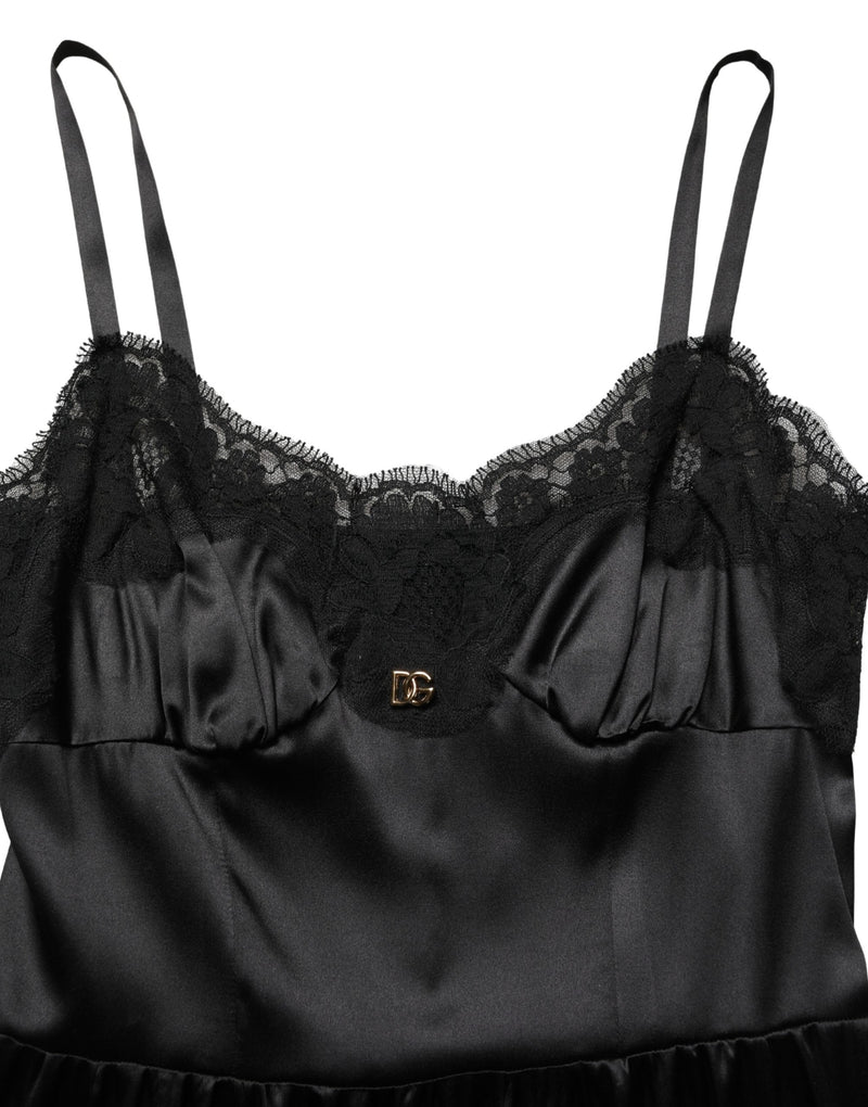 Minivestido sin mangas de satén de seda negro con encaje de Dolce & Gabbana