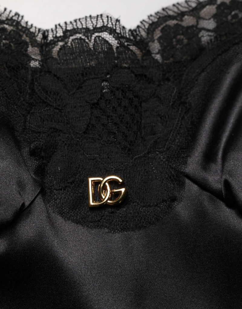 Minivestido sin mangas de satén de seda negro con encaje de Dolce & Gabbana