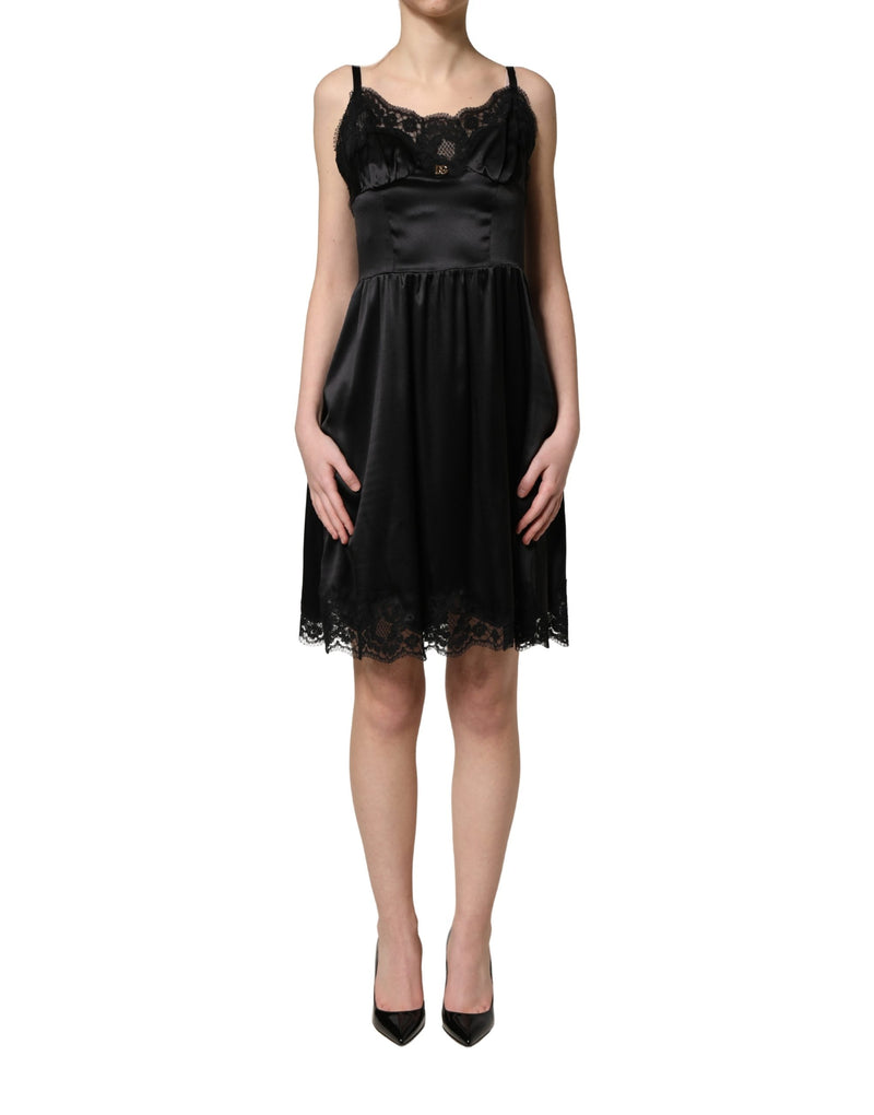Minivestido sin mangas de satén de seda negro con encaje de Dolce & Gabbana