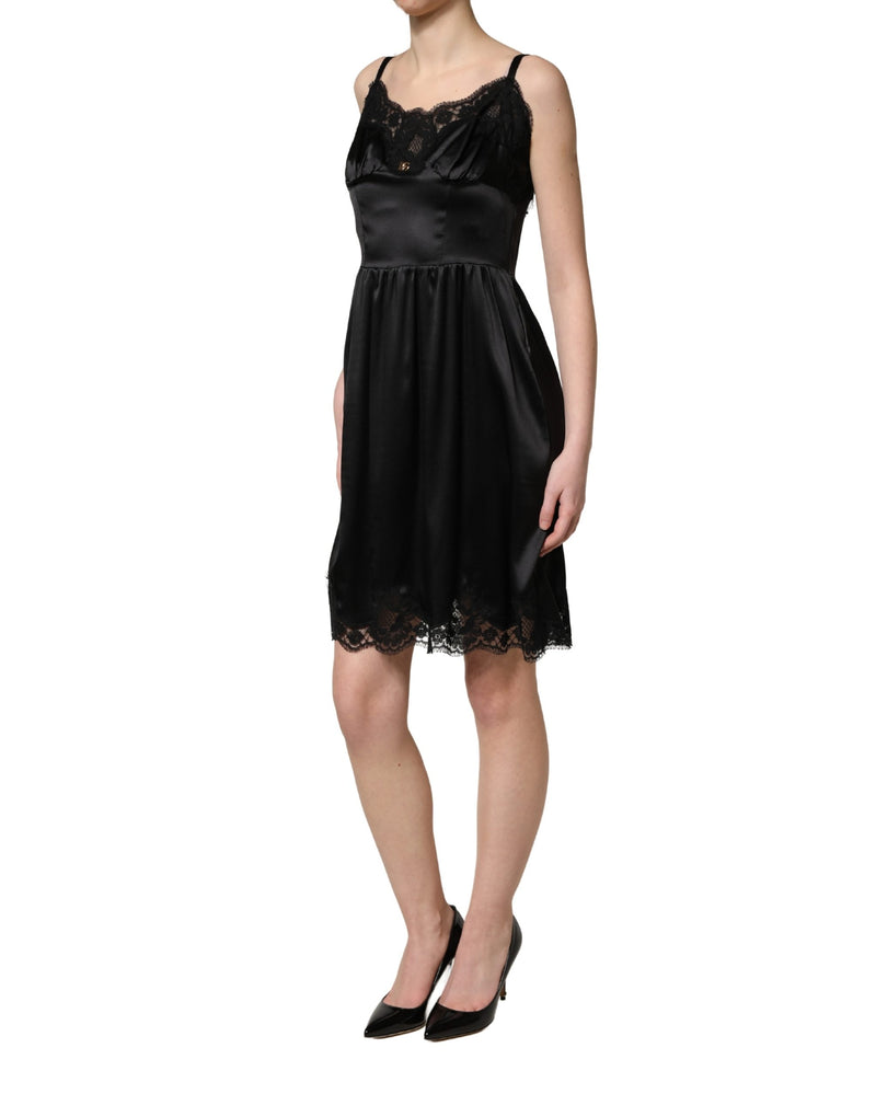 Minivestido sin mangas de satén de seda negro con encaje de Dolce & Gabbana