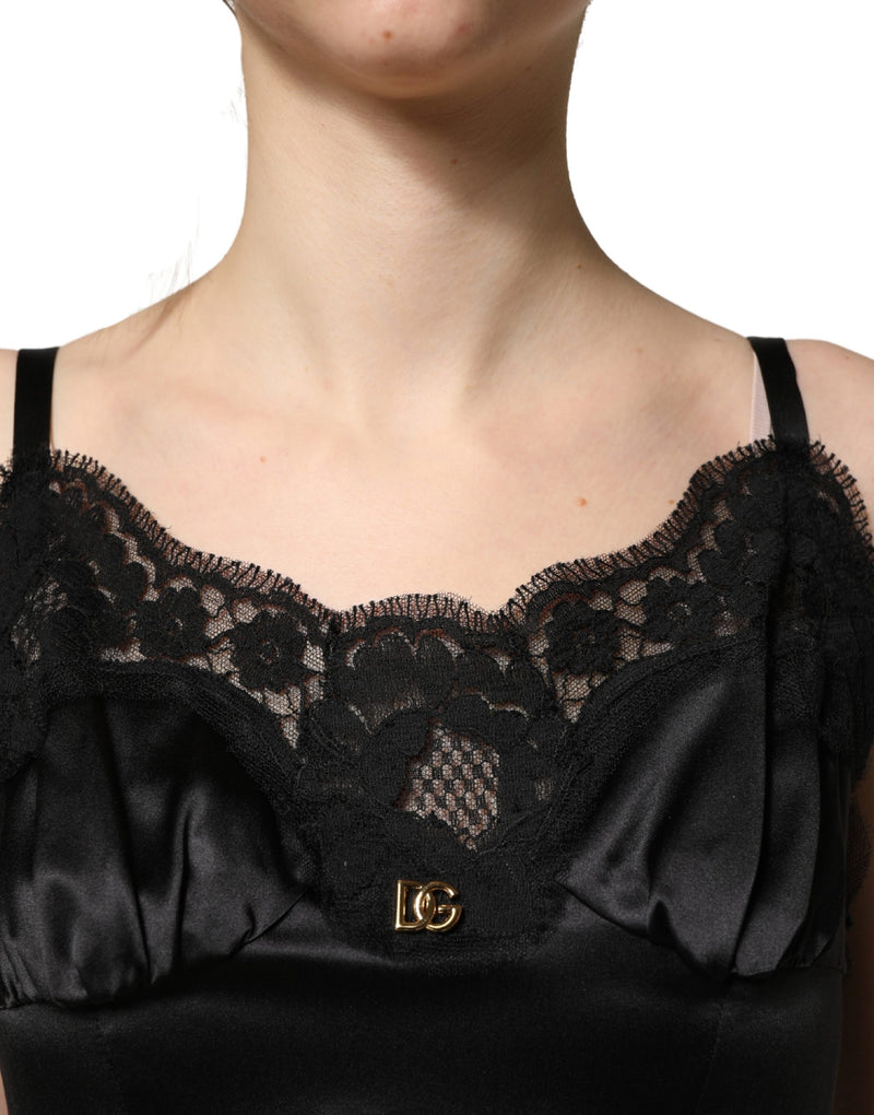 Minivestido sin mangas de satén de seda negro con encaje de Dolce & Gabbana