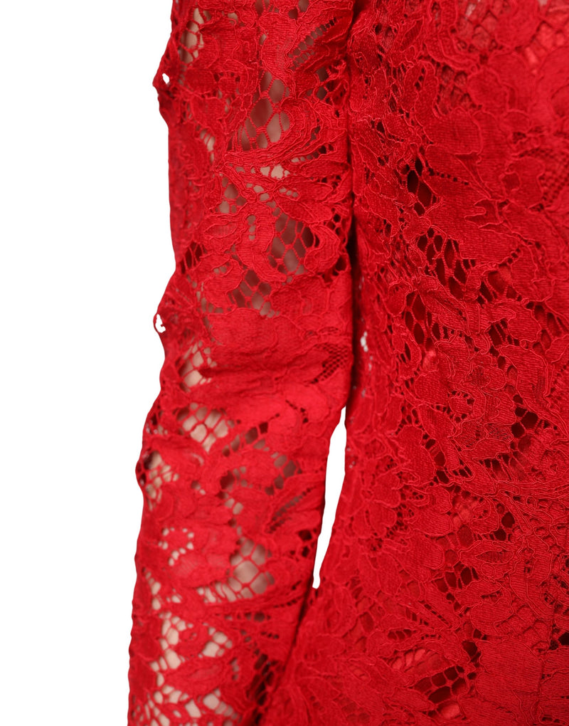 Top rojo de encaje con bordado floral y mangas largas de Dolce & Gabbana