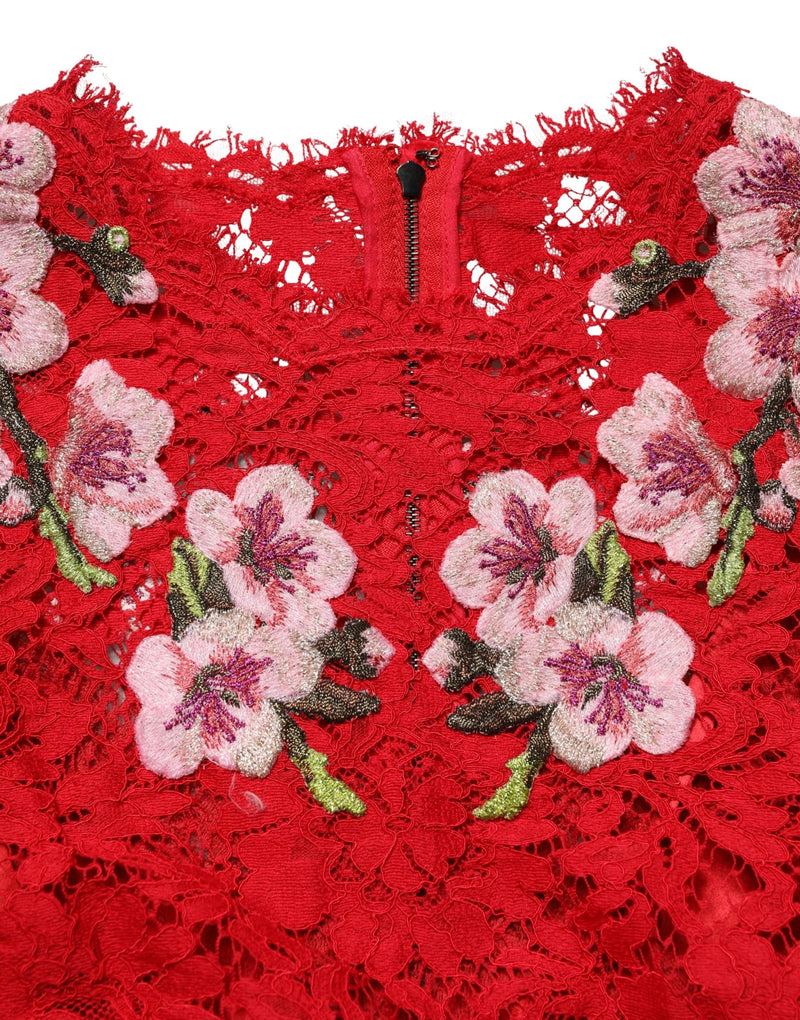 Top rojo de encaje con bordado floral y mangas largas de Dolce & Gabbana