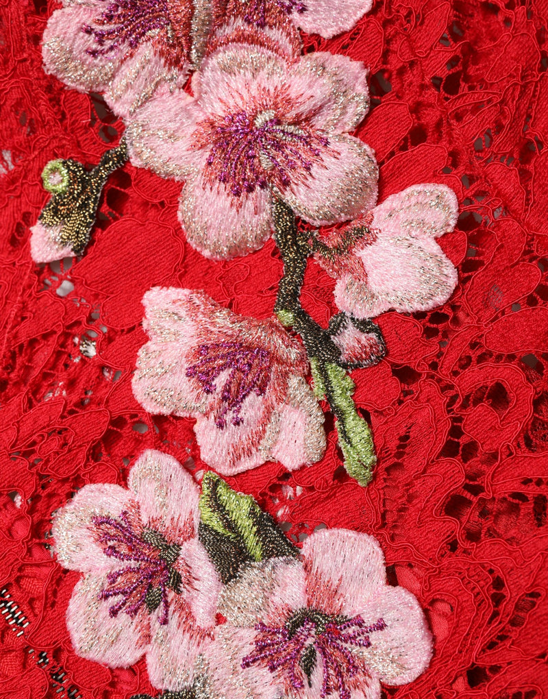 Top rojo de encaje con bordado floral y mangas largas de Dolce & Gabbana