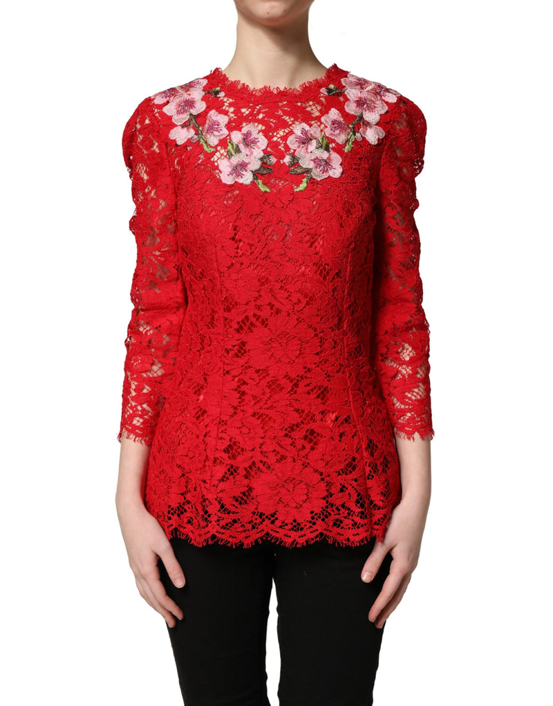 Top rojo de encaje con bordado floral y mangas largas de Dolce & Gabbana