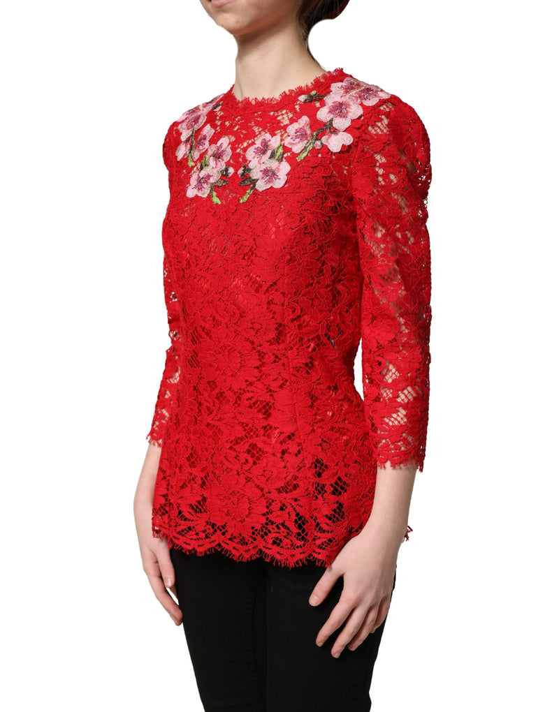 Top rojo de encaje con bordado floral y mangas largas de Dolce & Gabbana