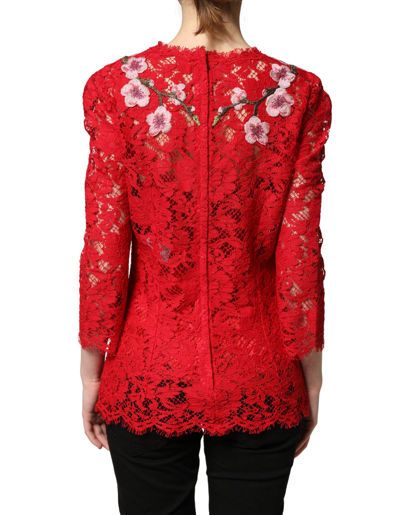 Top rojo de encaje con bordado floral y mangas largas de Dolce & Gabbana