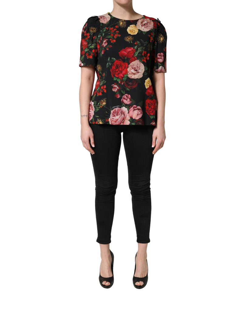 Blusa negra de crepé con estampado floral y detalle de volantes de Dolce & Gabbana