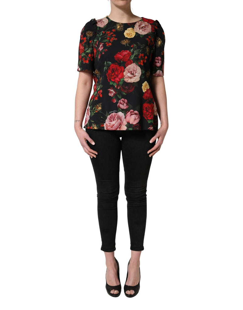 Blusa negra de crepé con estampado floral y detalle de volantes de Dolce & Gabbana