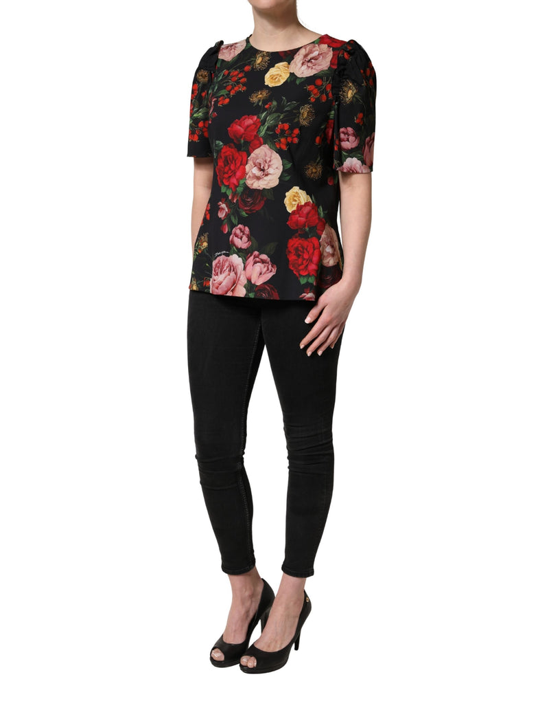 Blusa negra de crepé con estampado floral y detalle de volantes de Dolce & Gabbana