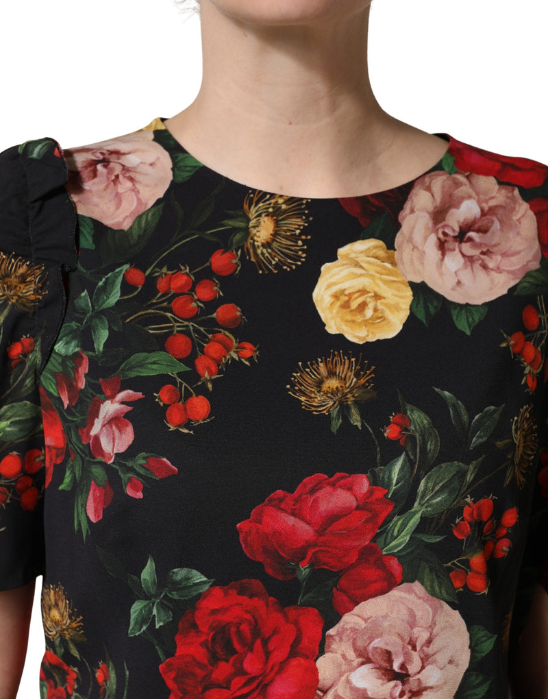 Blusa negra de crepé con estampado floral y detalle de volantes de Dolce & Gabbana