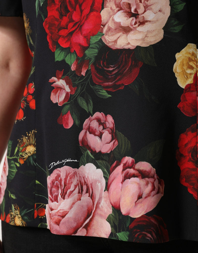 Blusa negra de crepé con estampado floral y detalle de volantes de Dolce & Gabbana