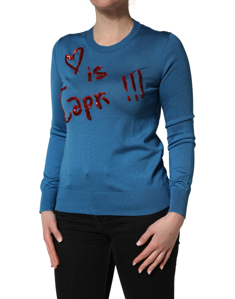 Dolce & Gabbana Maglione blu in seta con paillettes e girocollo