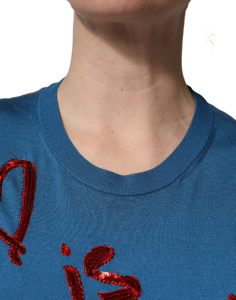 Dolce & Gabbana Maglione blu in seta con paillettes e girocollo