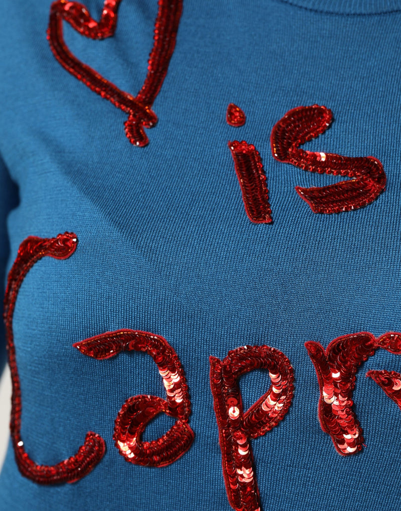 Dolce & Gabbana Maglione blu in seta con paillettes e girocollo