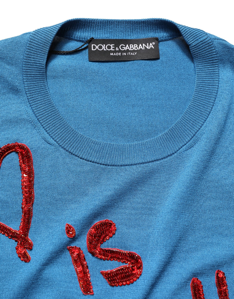 Dolce & Gabbana Maglione blu in seta con paillettes e girocollo