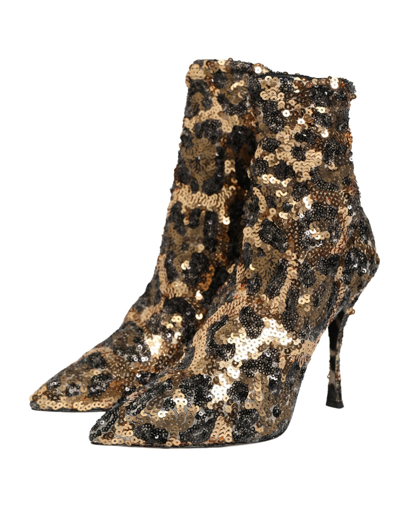 Botas de cano curto tipo meia douradas com paetês de estampa de leopardo Dolce & Gabbana