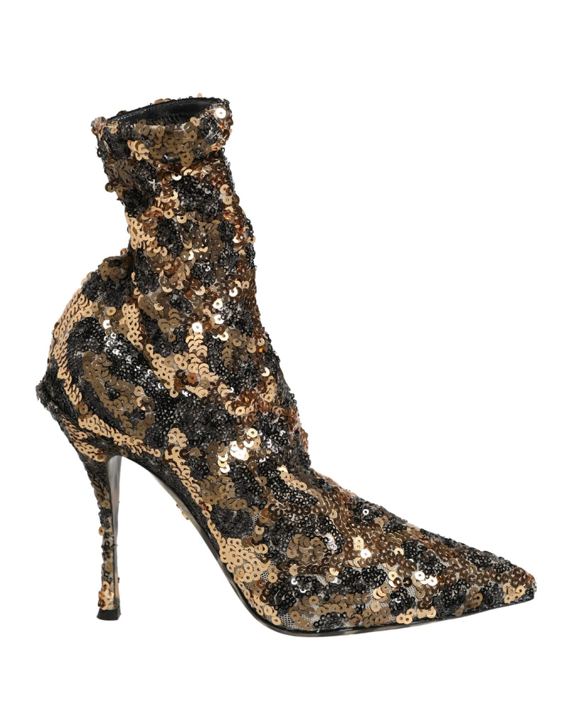 Botas de cano curto tipo meia douradas com paetês de estampa de leopardo Dolce & Gabbana