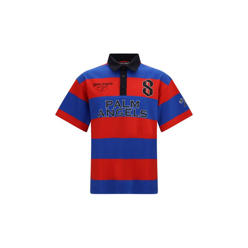 Front view of the Palm Angels Multicolor Cotton Polo Shirt for Men, a Palm Angels Polo Shirt for Men in blue and red striped cotton with logo detailing and short sleeves. Available from Urbalenti NYC, product 13879, 79661334579, Clothing, Discount_50-59, in-stock, Men, Multicolor, New with tags, Palm Angels, Polo Shirts - T-Shirts - Clothing, S, T-Shirts - Clothing.