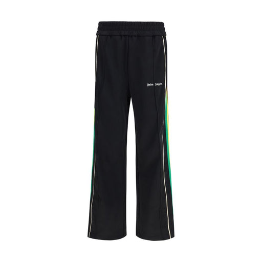 Palm Angels Black Vintage Track Pants for Men, featuring a relaxed sporty silhouette, elastic waistband, contrast green, yellow, and white side bands, and front logo; Palm Angels Track Pants for Men in Black Clothing, Athletic Pants - Pants - Clothing, Pants - Clothing, and Sportswear - Clothing, available in L for Men, New with tags, in-stock at Urbalenti NYC, item 13879, 79661334579, Discount_50-59.