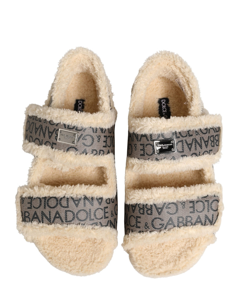 Sandálias rasteiras bege de pelo sintético com estampa de logotipo Dolce & Gabbana