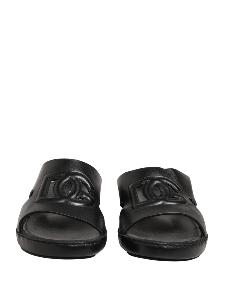 Dolce & Gabbana Black Leather Cutout DG Logo Sandals Shoes