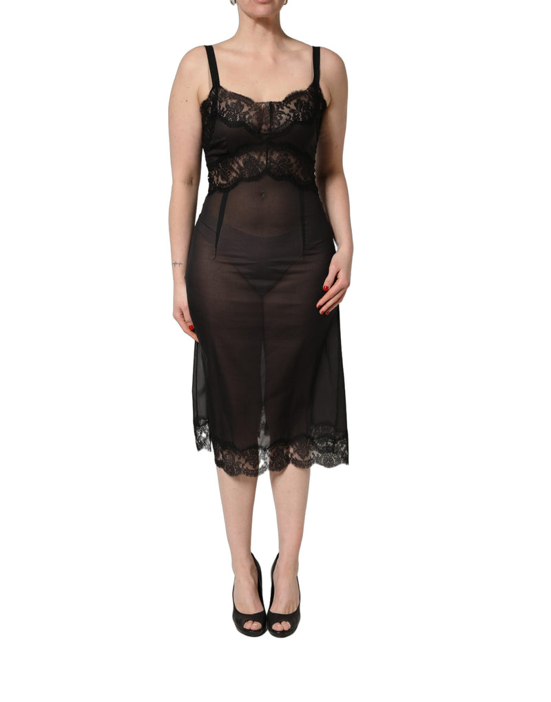 Camicia da notte lingerie in pizzo di seta nero Dolce & Gabbana