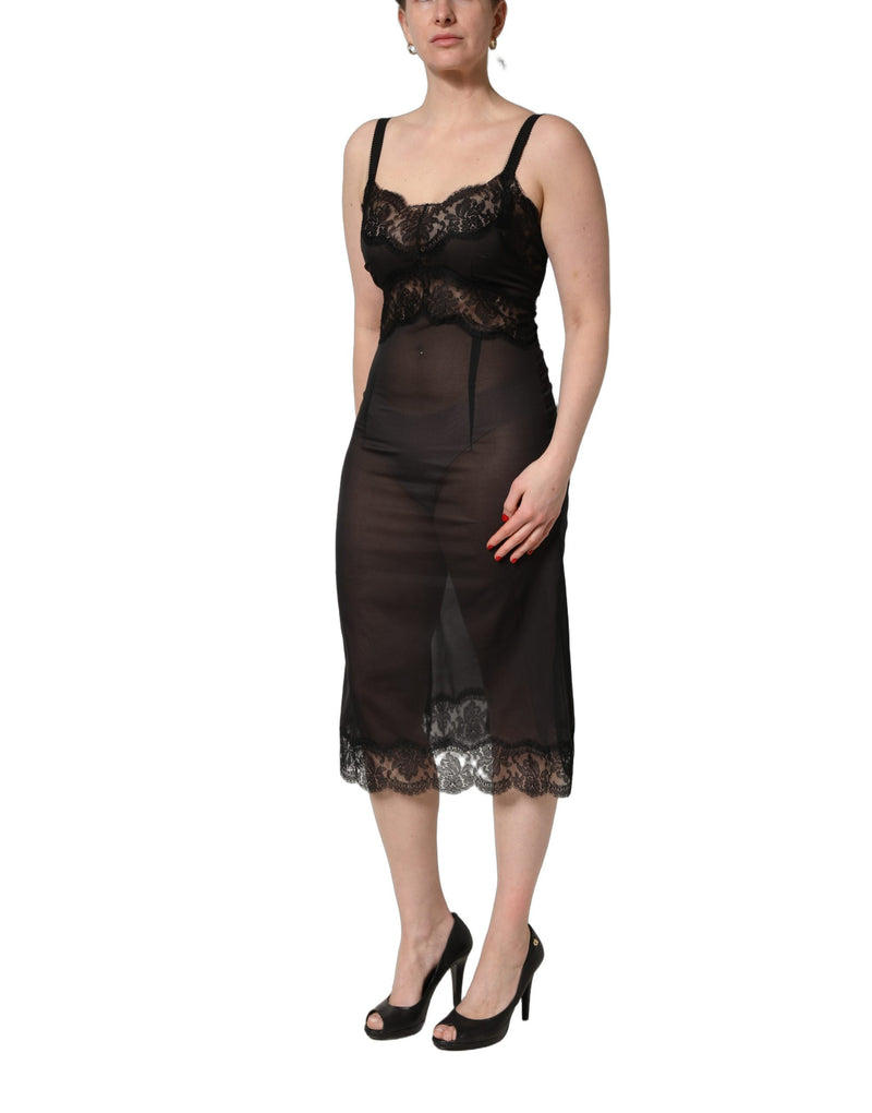 Camicia da notte lingerie in pizzo di seta nero Dolce & Gabbana