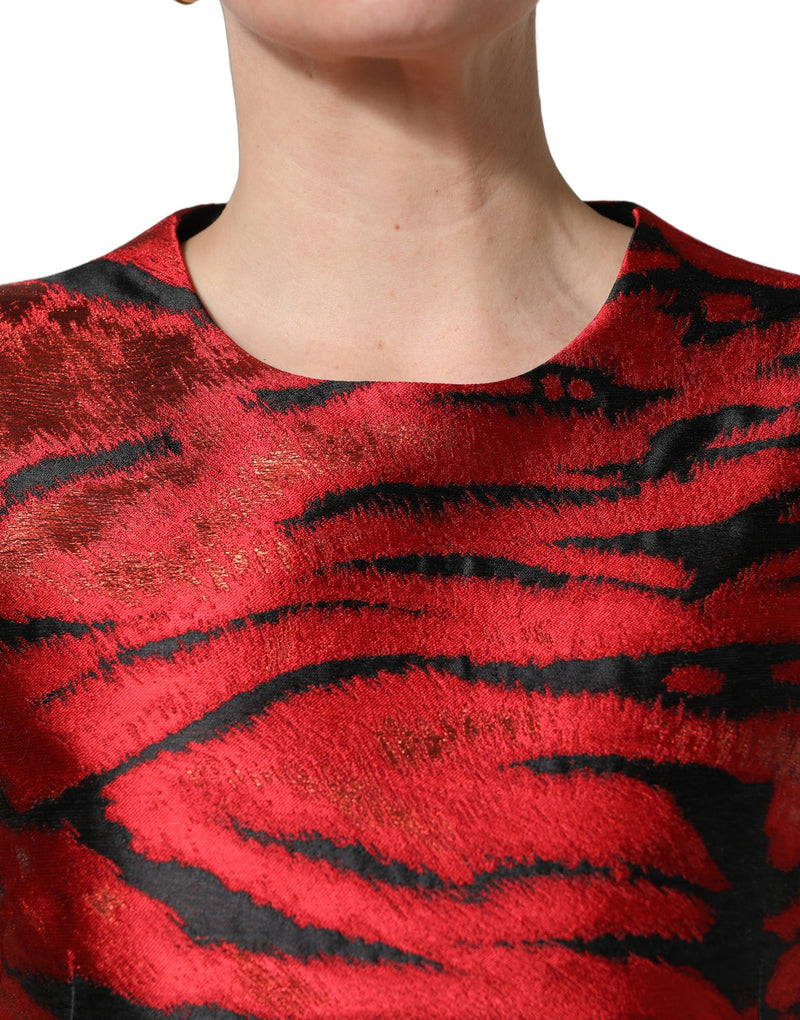 Vestido acampanado de jacquard con estampado de tigres rojos y negros de Dolce & Gabbana