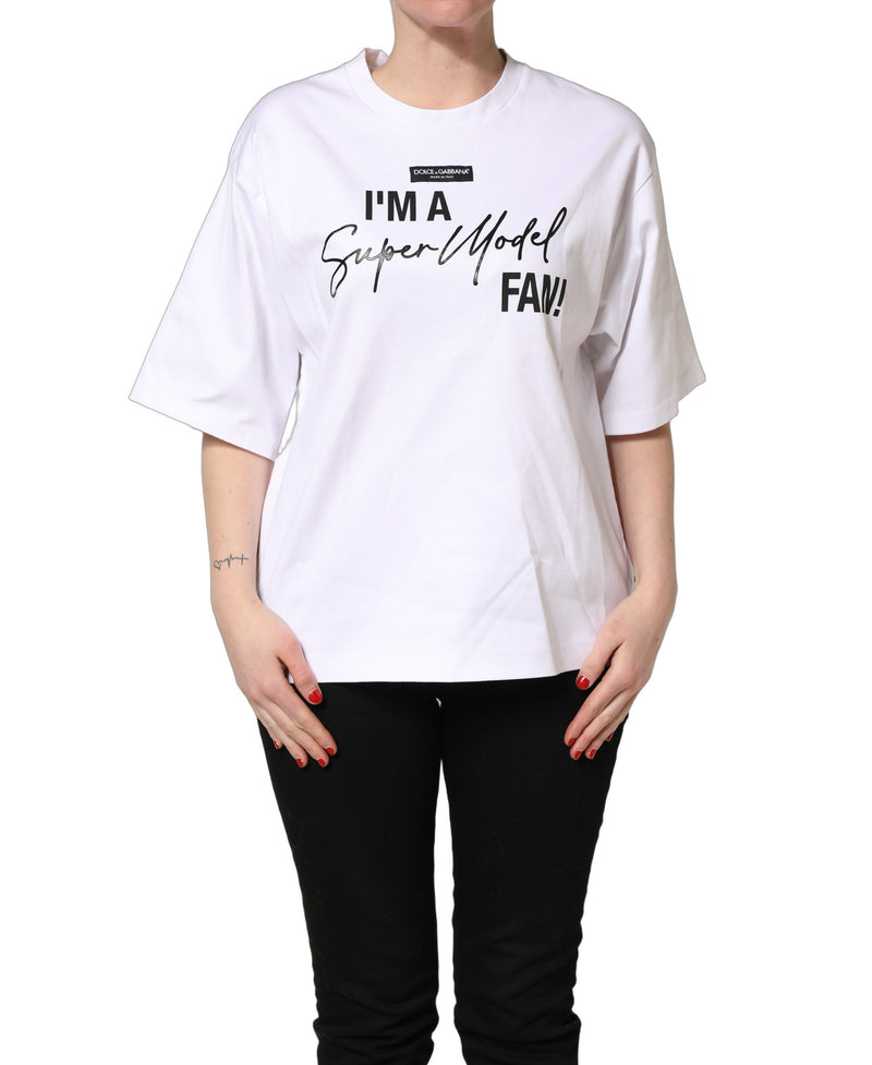 T-shirt in jersey bianca con stampa «I'm A Super Model Fan» Dolce & Gabbana