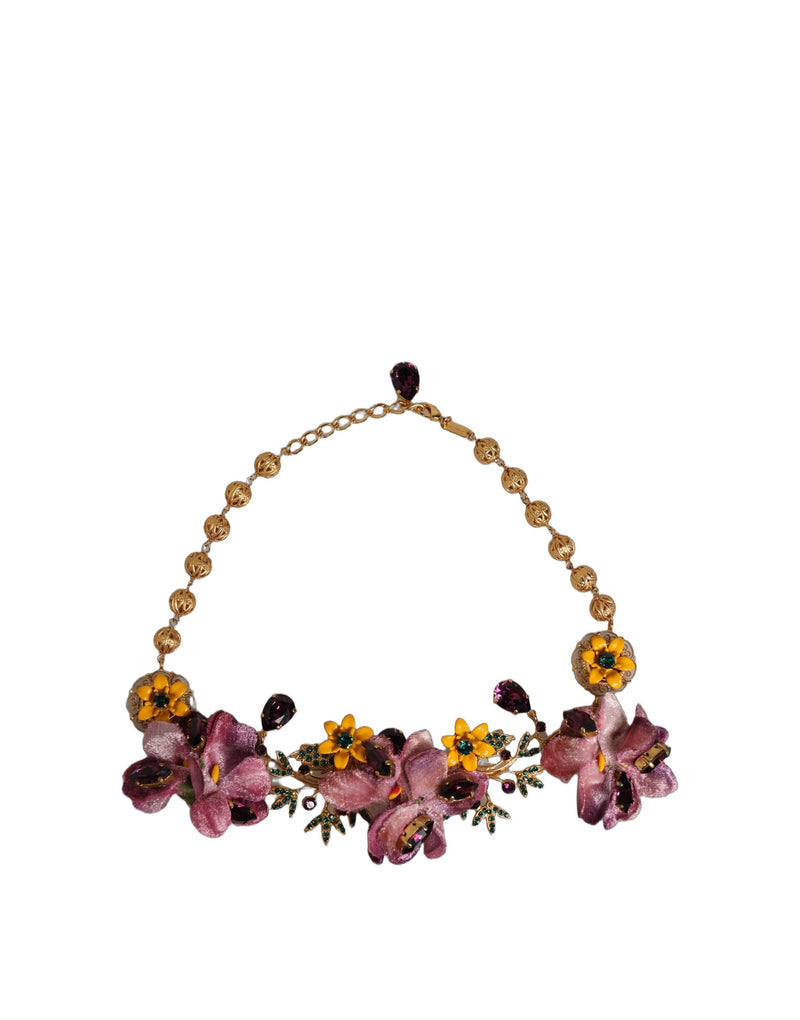 Colar Dolce & Gabbana com flores de latão dourado e corrente de cristais