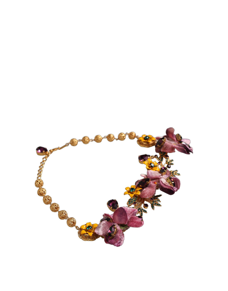 Colar Dolce & Gabbana com flores de latão dourado e corrente de cristais