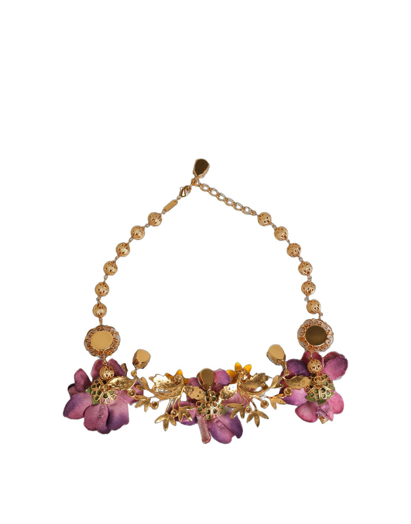 Colar Dolce & Gabbana com flores de latão dourado e corrente de cristais
