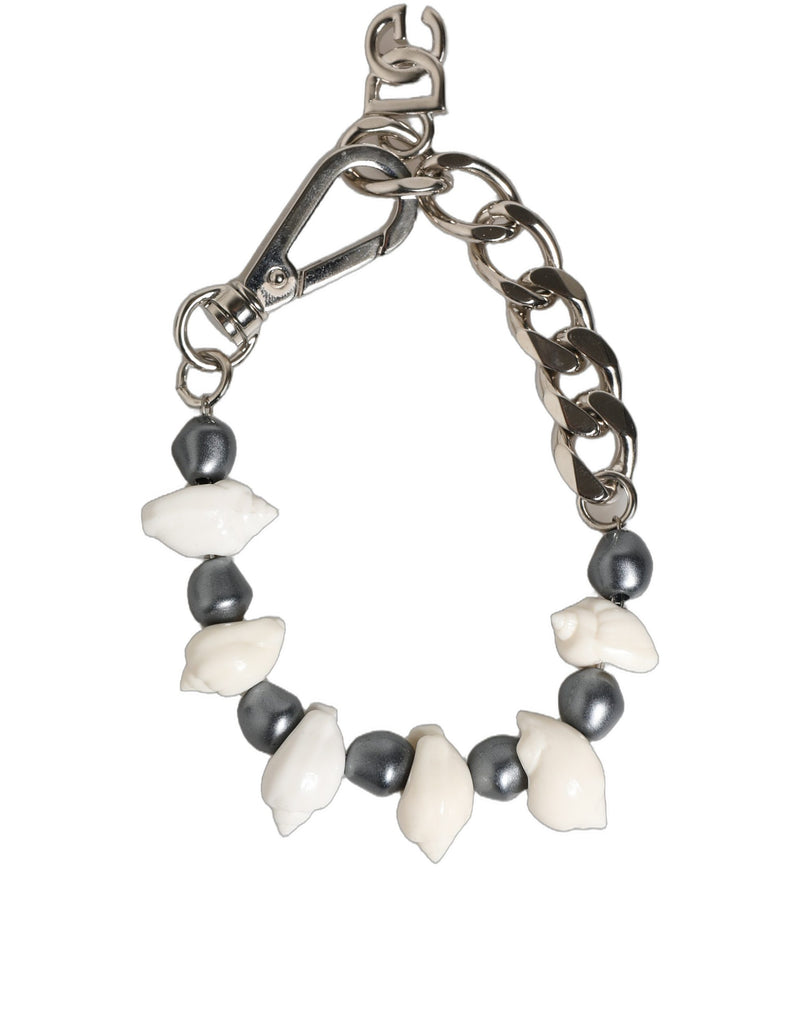 Bracelet Dolce & Gabbana en laiton argenté avec perles, coquillage et pendentif logo DG